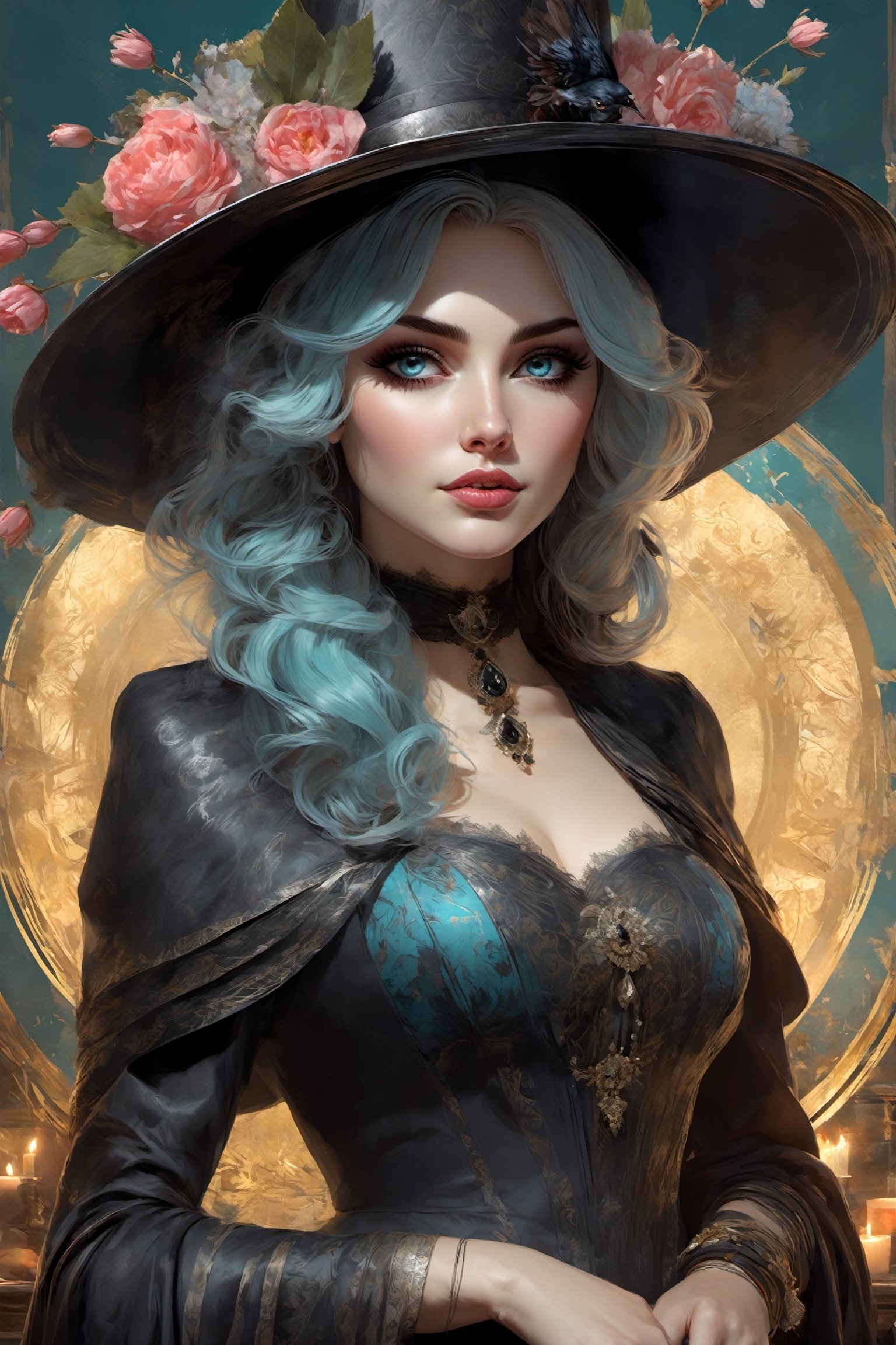 best quality,masterpiece,illustration,super detailed,photorealistic,unity,8k wallpaper,extremely detailed CG,official art,style by stanley artgermm, tom bagshaw, carne griffiths,
black witch,black witch hat,black witch dress,detailed face and eyes,silver_hair/cyan_eyes,cute girl,cleavage,playing cards, flowers