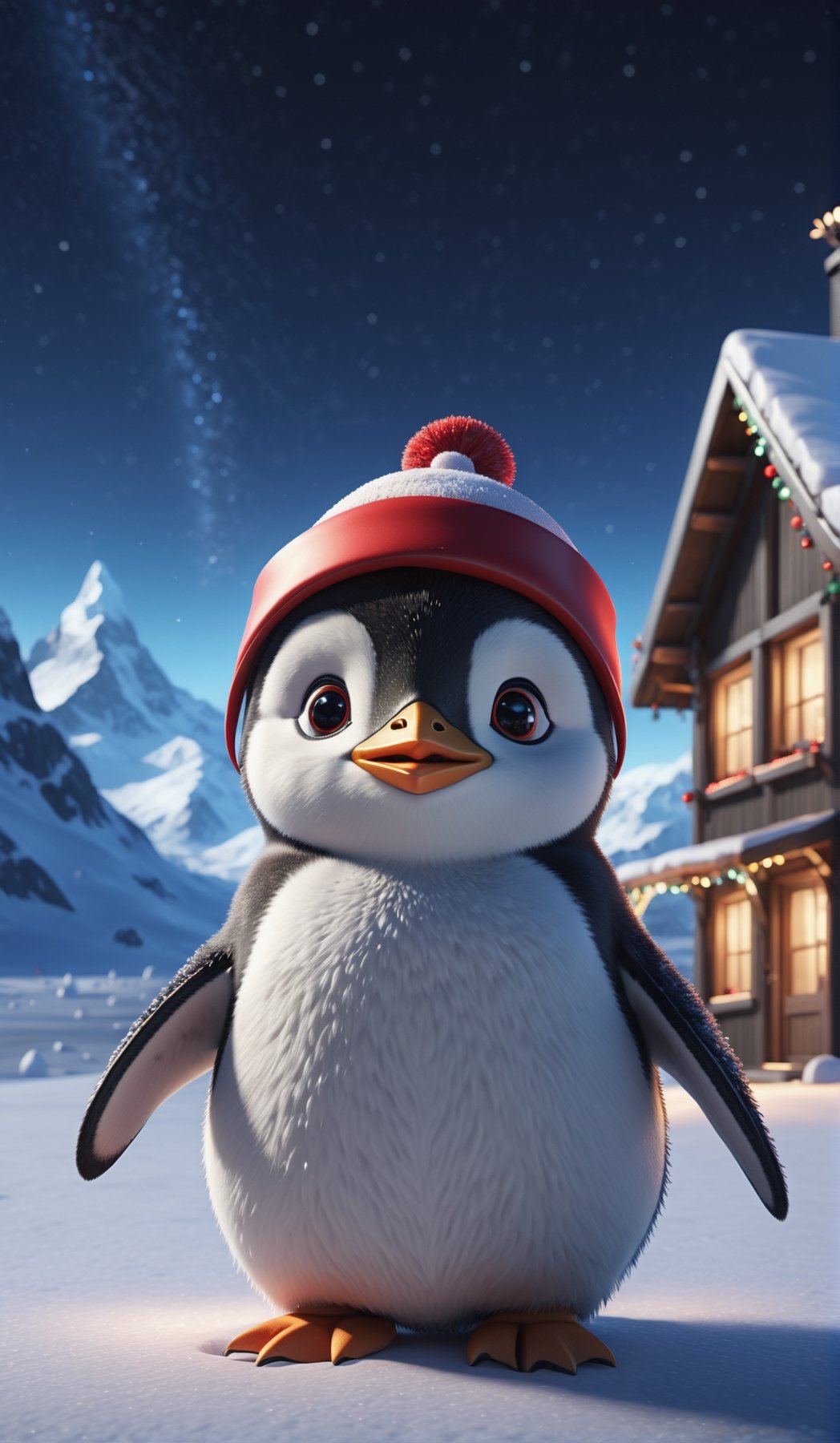 8K, Ultra-HD, Natural Lighting, Moody Lighting, Cinematic Lighting,detailed,CG,unity,extremely detailed CG,
solo,cute penguins,(Wearing red Christmas hat),starry sky ,snow,magic, glaciers,(distant view, full body)