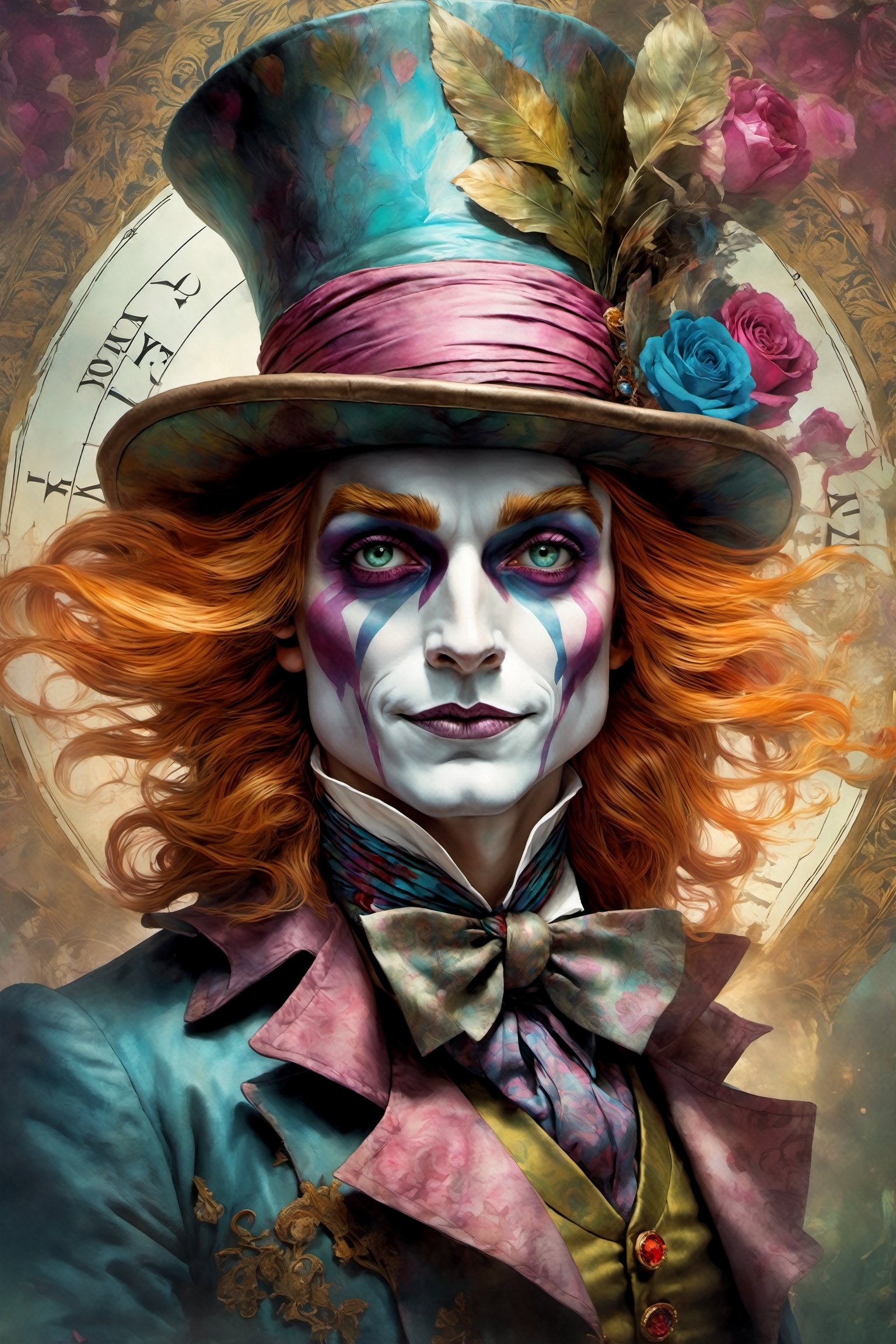 alice in wonderland, mad hatter the magician in a tarot card, highly detailed, half skull face, cinematic, 8 k, style by stanley artgermm, tom bagshaw, carne griffiths, hyper detailed, full of colour,upper body,