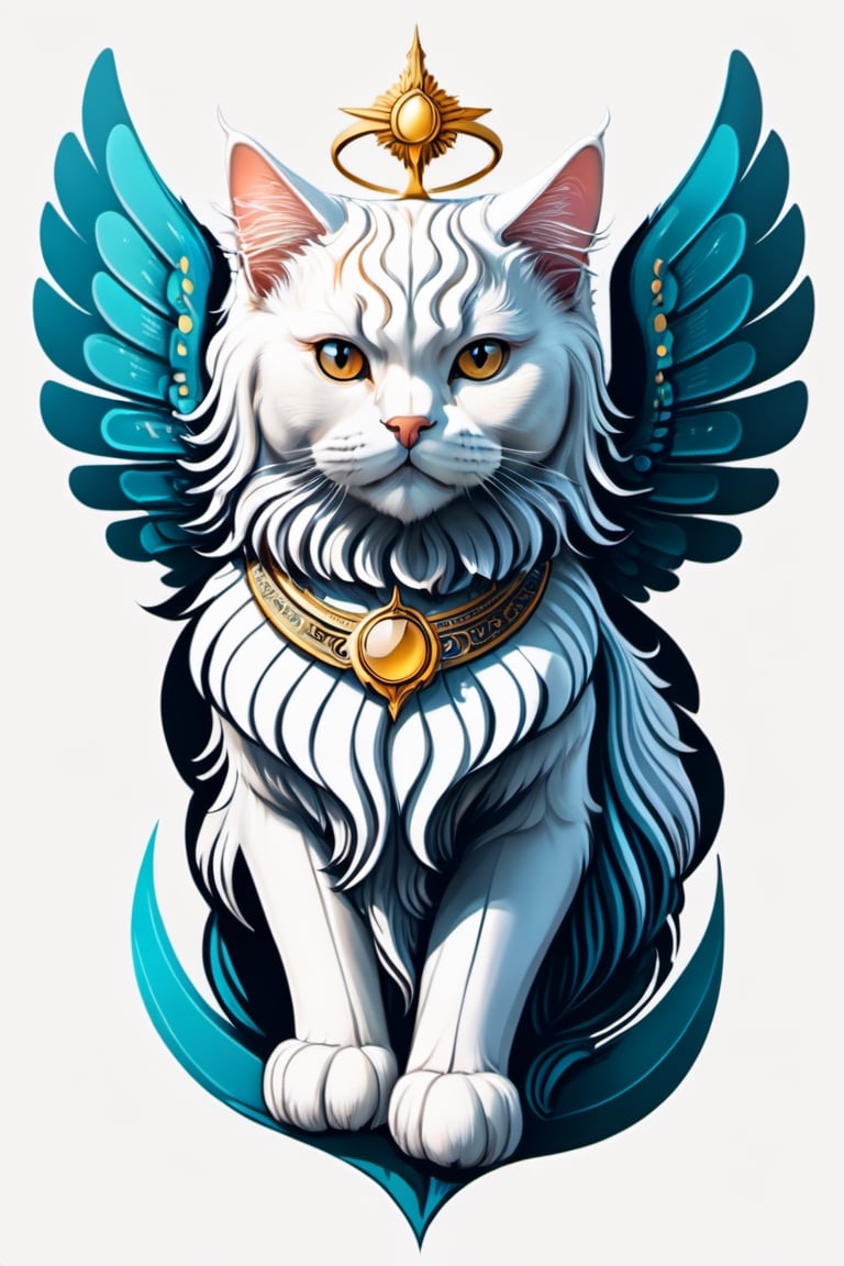 Realistic fantasy, Art and mathematics fusion, coloring vector graphic logo , high resolution,  masterpiece,solid white background,
Persian cat with angel wings, sticker design, perfect symmetrical,muted color scheme, subtle gradients, bold, art deco, vector, graphic,made with adobe illustrator