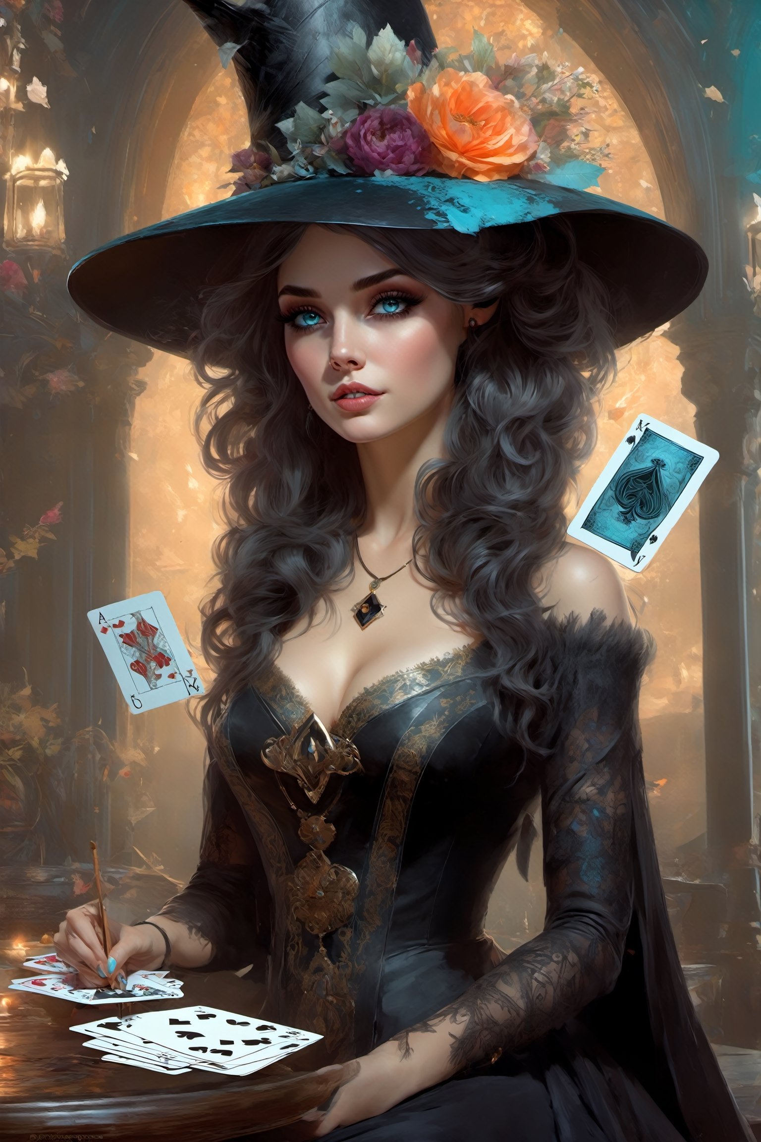 best quality,masterpiece,illustration,super detailed,photorealistic,unity,8k wallpaper,extremely detailed CG,official art,style by stanley artgermm, tom bagshaw, carne griffiths,
black witch,black witch hat,black witch dress,detailed face and eyes,silver_hair/cyan_eyes,cute girl,cleavage,playing cards, flowers