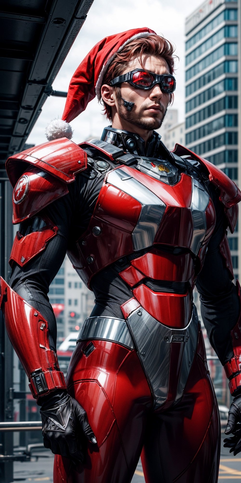 photographic cinematic super super high detailed super realistic image, 4k HDR high quality image, masterpiece,8k , photorealistic,1man,(Wear red Christmas costume,Wearing red Christmas hat),red_hair/red_eyes,beard,undercut,,cyberpunk style, wearing sci-fi goggles, wearing armor,His physique is extremely muscular and imposing, radiating an aura of power.  high detail, octane render, red armor with chrome plating, bright red andbblack back contrast light,dynamic pose, ,mecha musume