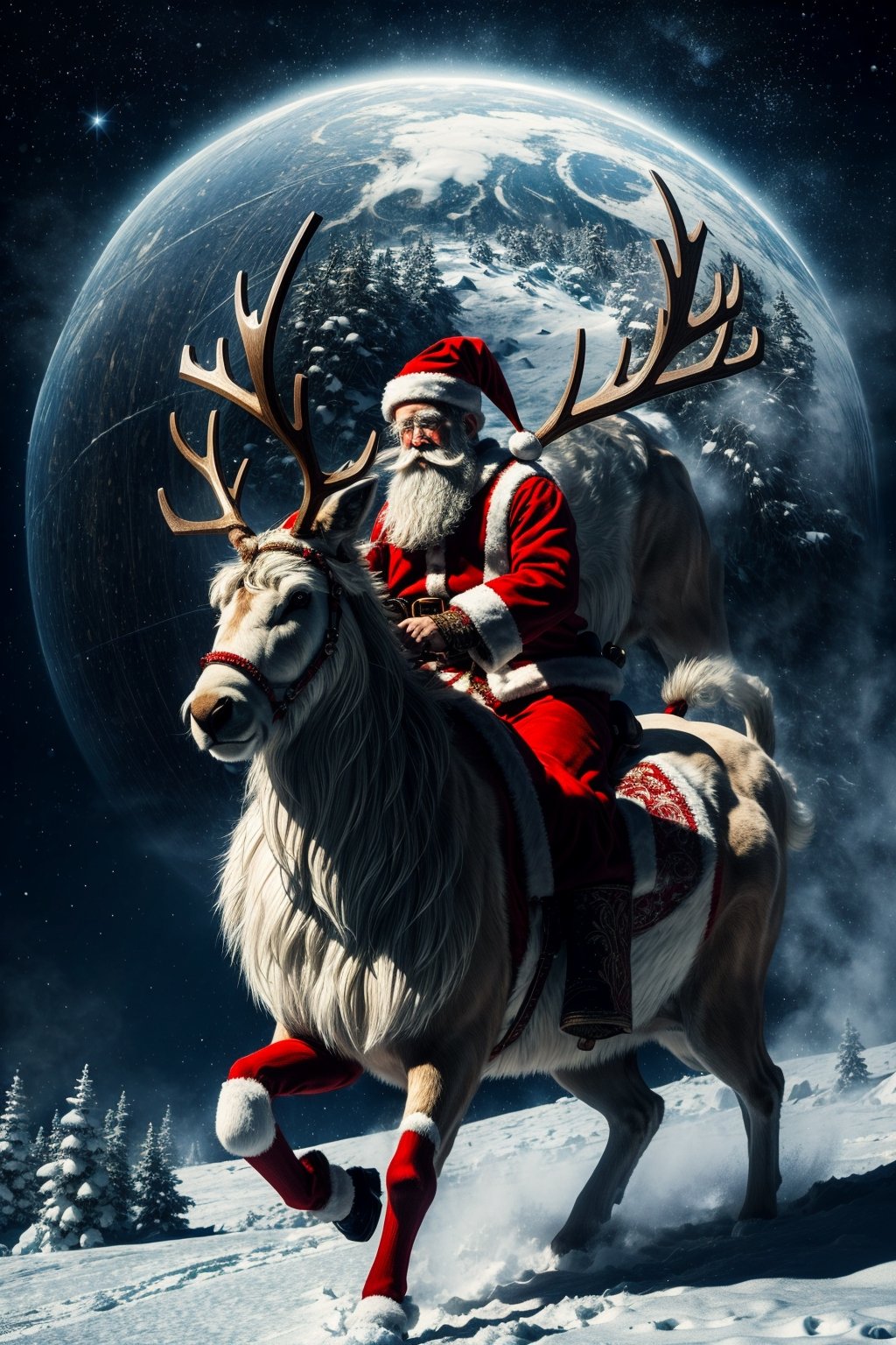 a visual stunning photo of a Santa Claus riding a reindeer  , centered, key visual, intricate, highly detailed, breathtaking beauty, precise lineart, vibrant, comprehensive cinematic, best best quality, ultra sharp focus, volumetric atmosphere,  a starry night at the North Pole,snow,white snowflakes