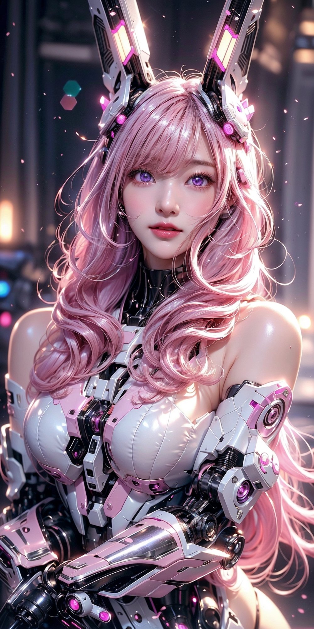 masterpiece, best quality, great, highly detailed CG unity 8k wallpaper, depth of field, super fine illustration, illustration, CG, 3D, extremely detailed, a mech girl, sci-fi battlefield,hawken, smile, open mouth, long hair, (light-pink hair, purple eyes:1.2), solo,A silver female robot,largebreast,a metallic shining body, sparkling eyes, cute face, kawaii, delicate hair, floating hair, shiny hair, shiny skin, headgear,
 (light pink lips: 0.8)dynamic pose,straight-on,full body,(straight-on,)