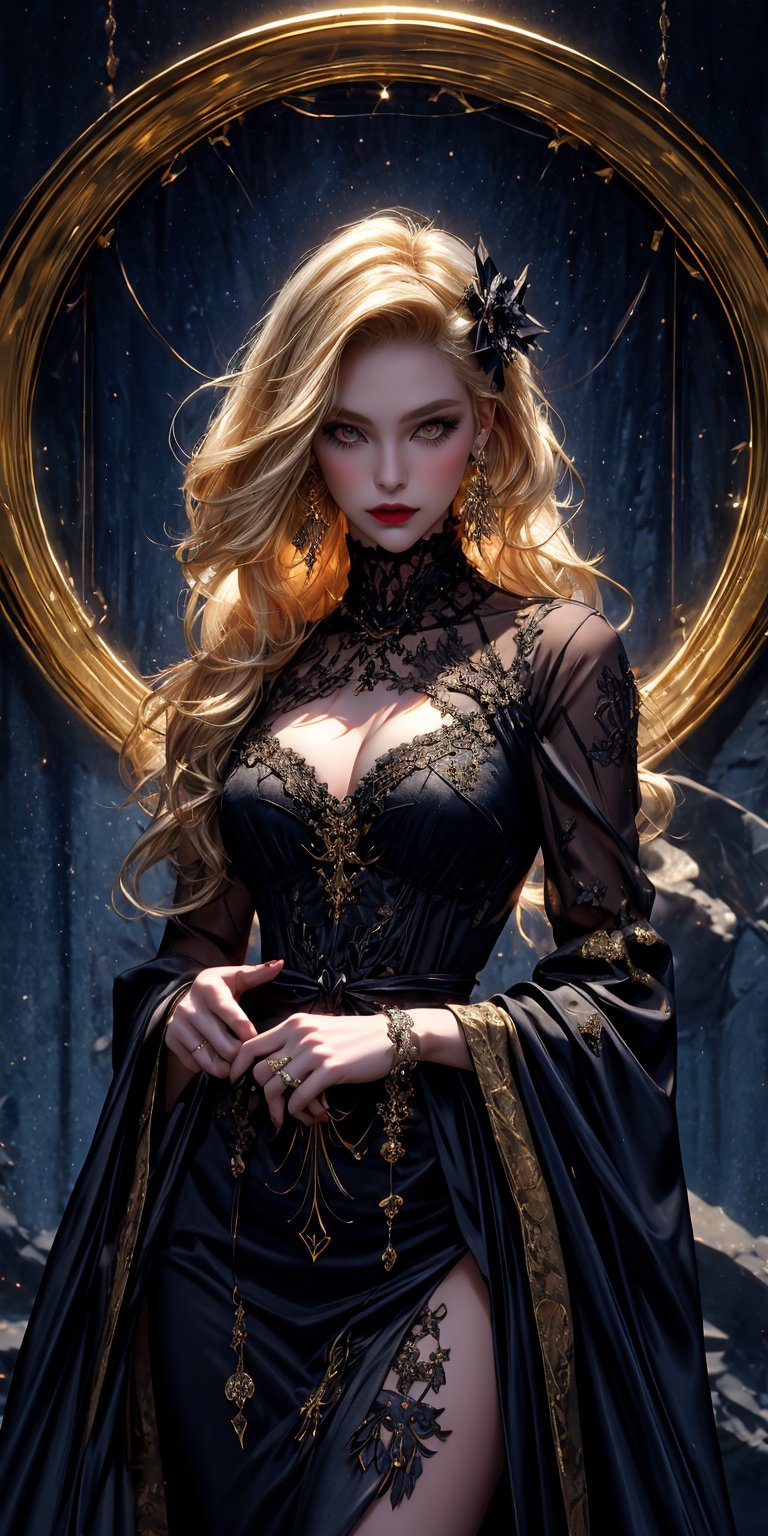 photographic cinematic super super high detailed super realistic image, 4k HDR high quality image, masterpiece 
The women form materializes with a sublime mix of grace and menace. blonde_hair/yellow_eyes,long_hair,Her lithe silhouette cascades with otherworldly allure, adorned in an black lace elaborate gown that shimmers like the night sky itself. Medieval Renaissance, Gothic dress, bell sleeves, laced with intricate lacework and golde mbroidered motifs depicting arcane symbols of forgotten knowledge.