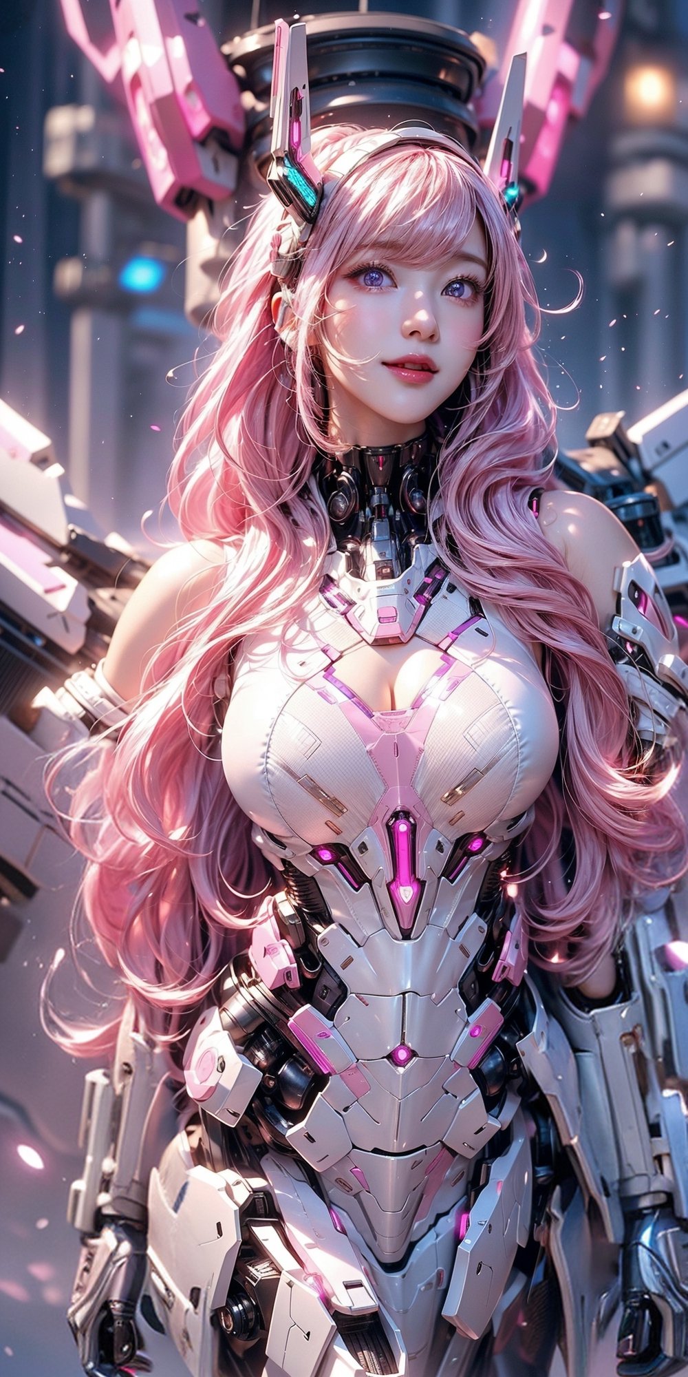 masterpiece, best quality, great, highly detailed CG unity 8k wallpaper, depth of field, super fine illustration, illustration, CG, 3D, extremely detailed, a mech girl, sci-fi battlefield,hawken, smile, open mouth, long hair, (light-pink hair, purple eyes:1.2), solo,A silver female robot,largebreast,a metallic shining body, sparkling eyes, cute face, kawaii, delicate hair, floating hair, shiny hair, shiny skin, headgear,
 (light pink lips: 0.8)dynamic pose,straight-on,full body,(straight-on,)