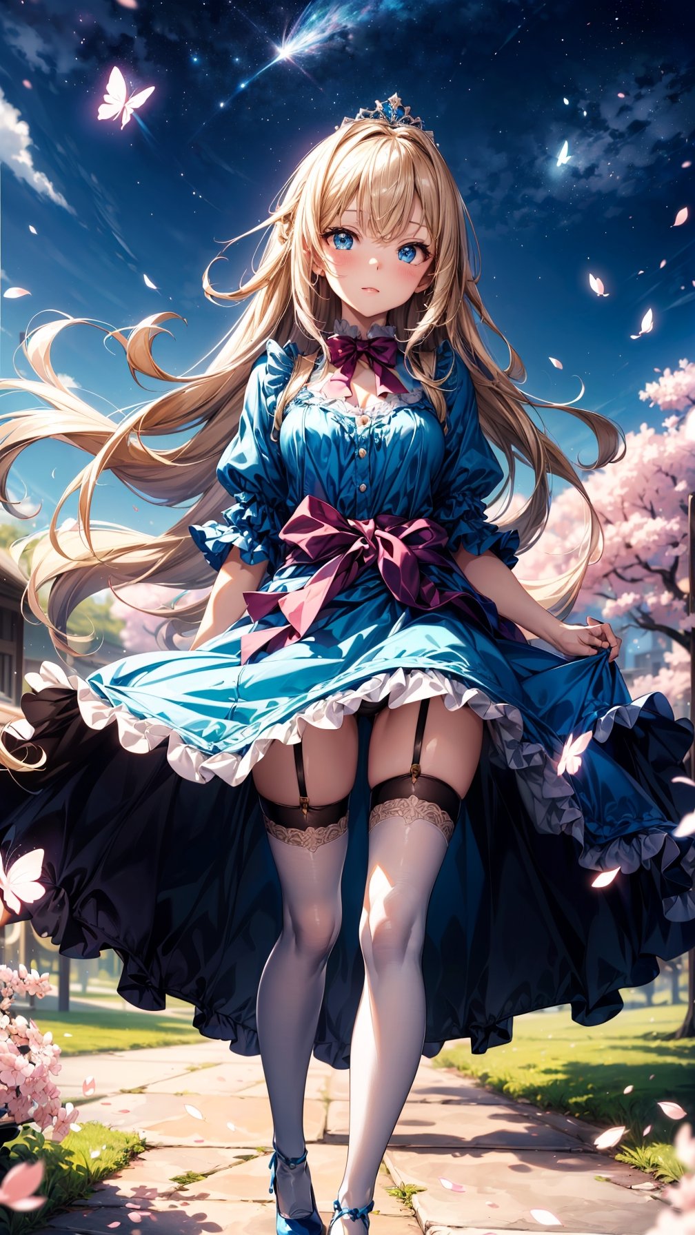 (best quality, masterpiece, illustration, designer, lighting), (extremely detailed CG 8k wallpaper unit), (detailed and expressive eyes), detailed particles, beautiful lighting, a cute girl, long blonde hair, wearing a teddy bear tiara, donning a beautiful blue and white dress with ruffles and lace, sheer pink stockings, transparent aquamarine crystal shoes, bows around her waist (Alice in Wonderland), butterflies around, (Pixiv anime style),(manga style), ((floating in sky)), flowy dress, ((cherry blossoms falling around her)), colorful, short_skirt,sky, stars, celestial body, atmosphere, (dreamy world:1.4)