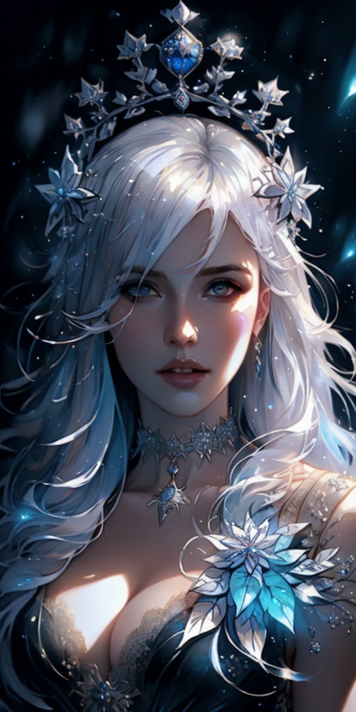 Woman with platinum hair, in a dress of ice flowers, a beautiful crown on her head, detailed face, detailed skin, front, background frozen forest, cover, unzoom, choker, hyperdetailed painting, luminism, Bar lighting, complex, 4k resolution concept art portrait by Greg Rutkowski, Artgerm, WLOP, Alphonse Mucha, little fusion pojatti realistic goth, fractal isometrics details bioluminescens : a stunning realistic photograph 30 years