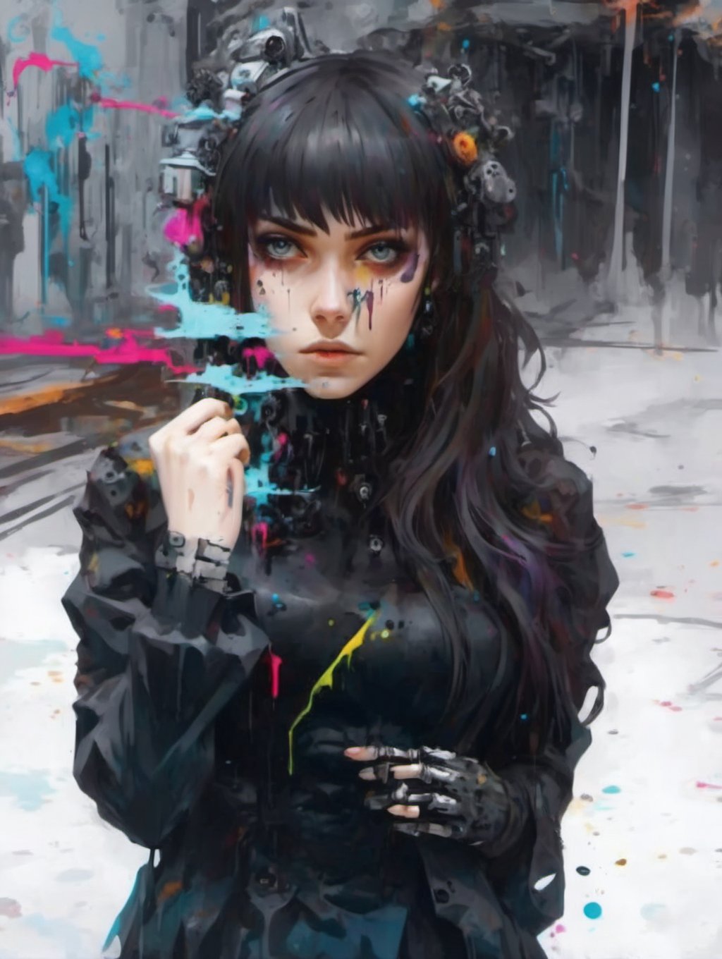 Grey background of splash art, centralized, colorful, cyberpunk style, 1girl, solo, looking at viewer, black_victorian_clothes, gothica:0.3, mechanical arms, earrings, blurry background, cyberpunk, black roses tricklets, cowboy shot , ink splash, Leonardo Style,dripping paint