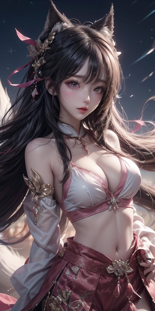 realistic, photorealistic, masterpiece, best quality, ultra-detailed, illustration, detailed light, 1 girl, (yae miko:1.3) , (genshin impact),(Race queen:1.3), long hair, pink hair, pink eyes, earrings, fox ears, floating hair, naughty face, big breast, beautiful detailed body, detailed eyes, leotard,taut clothes, hip vent, leather crop top, happy, Don't look at the camera