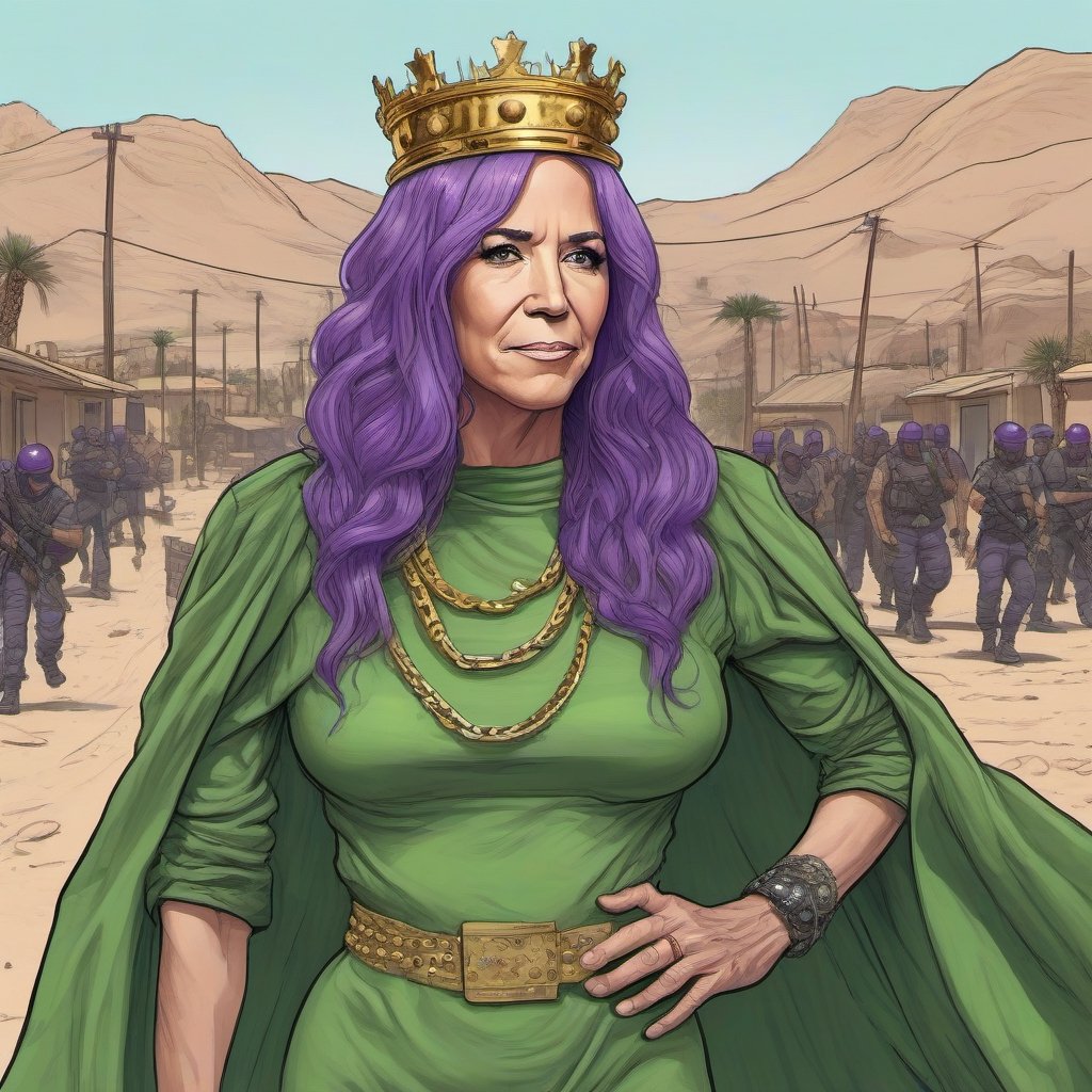 close up of sketch Joe Biden with purple hair wearing a crown in a green dress, in a desert village, hostage situation in heavy metal chains, chains