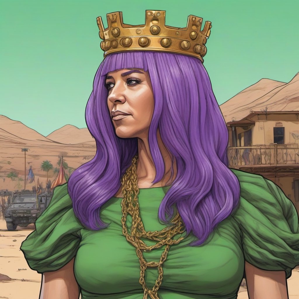 close up of sketch Joe Biden with purple hair wearing a crown in a green dress, in a desert village, hostage situation in heavy metal chains, chains