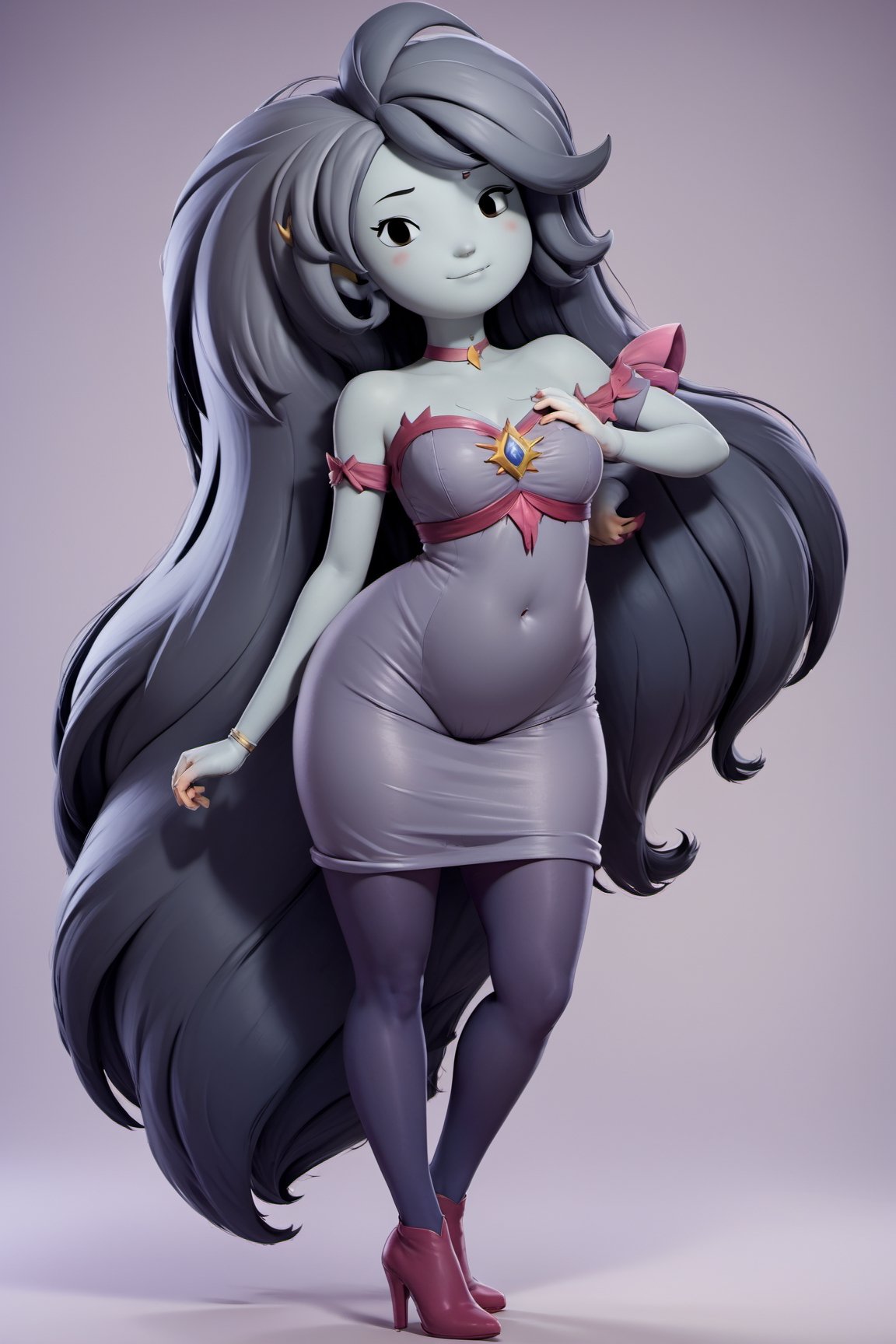 Upper body view, 3d style image of Marceline from Adventure Time, wearing a princess cosplay, big boobs, background of a magical forest, grey skin color