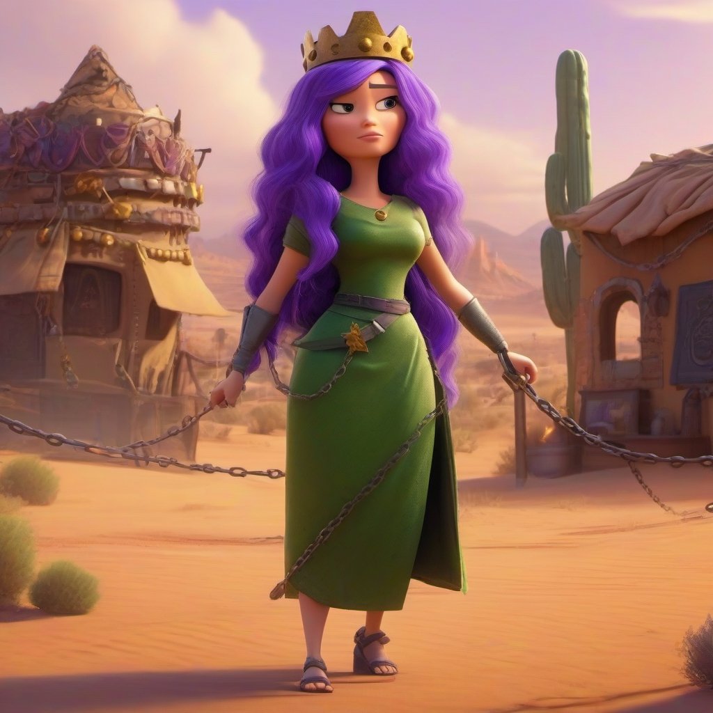 a pixar woman with purple hair wearing a crown in a green dress, in a desert village, hostage situation in heavy metal chains, chains