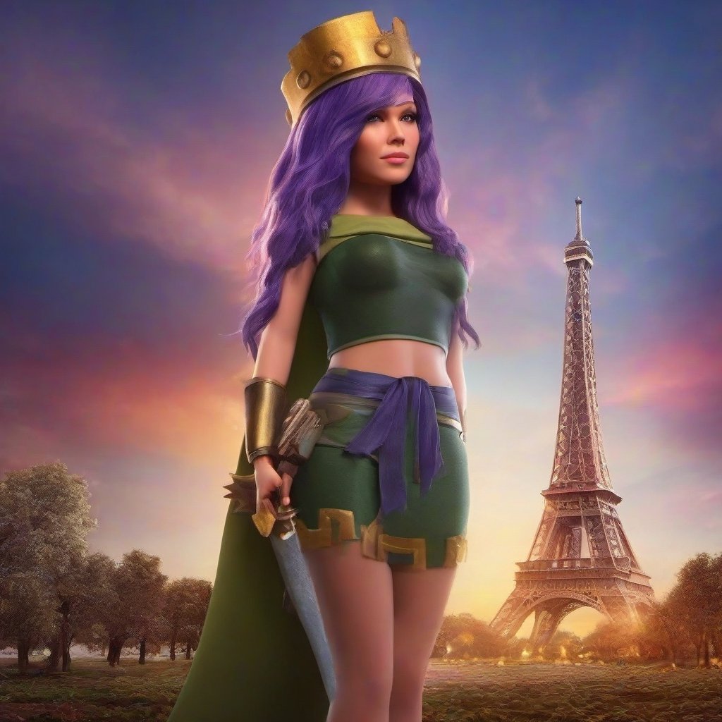 close up of a realistic woman wearing qxcocxcr cosplay, Eiffel Tower and beautiful rainbow in the background