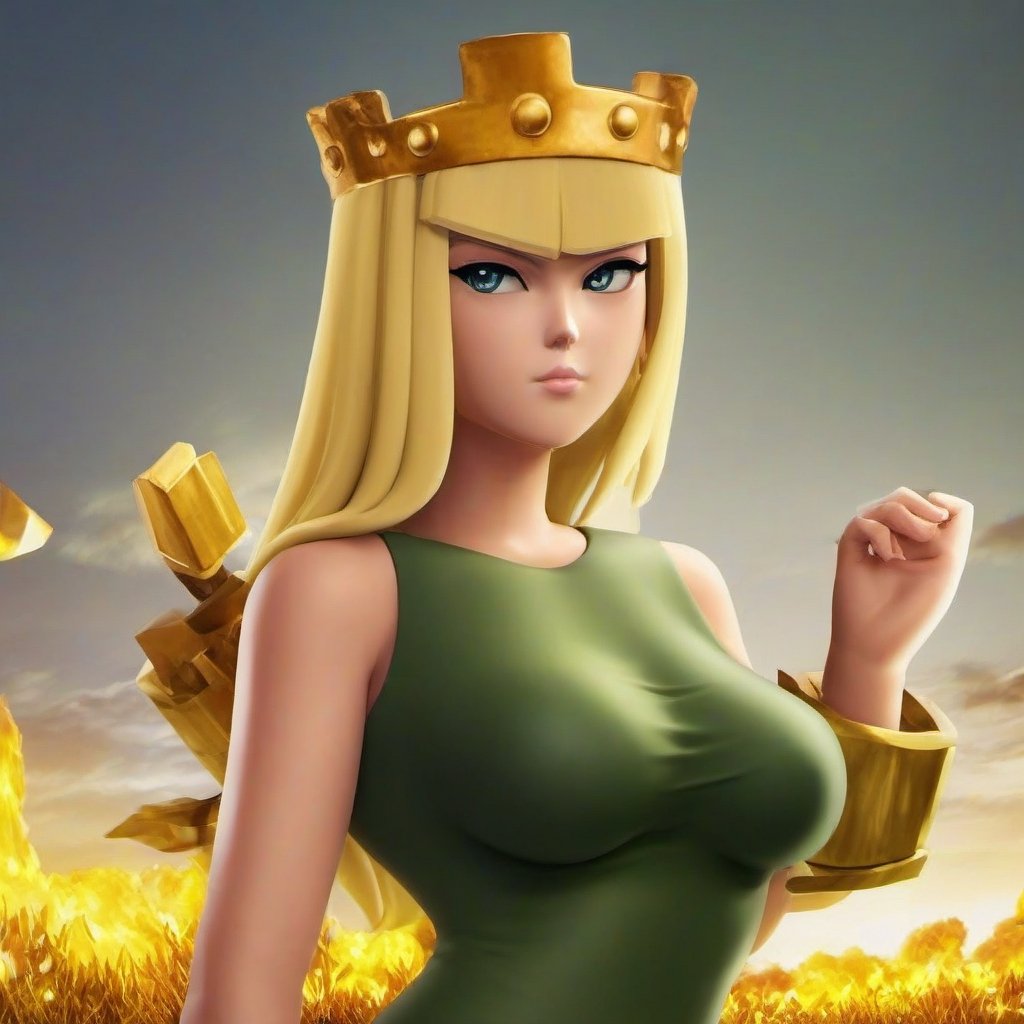 close up anime style picture of woman Donald Trump wearing qxcocxcr cosplay, Clash of Clans text