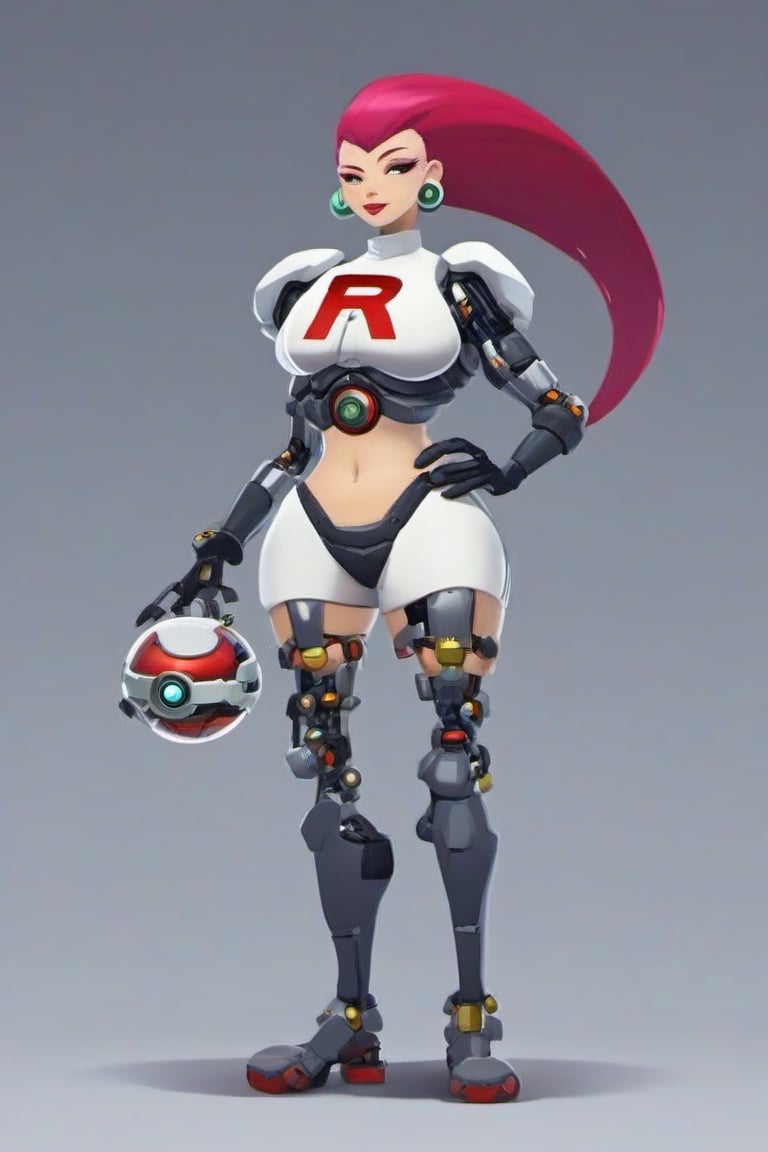 fully body, flat design image of cyborg style pkjes character from pokemon dressed as cyborg, holding a pokeball, cyborg, flat design