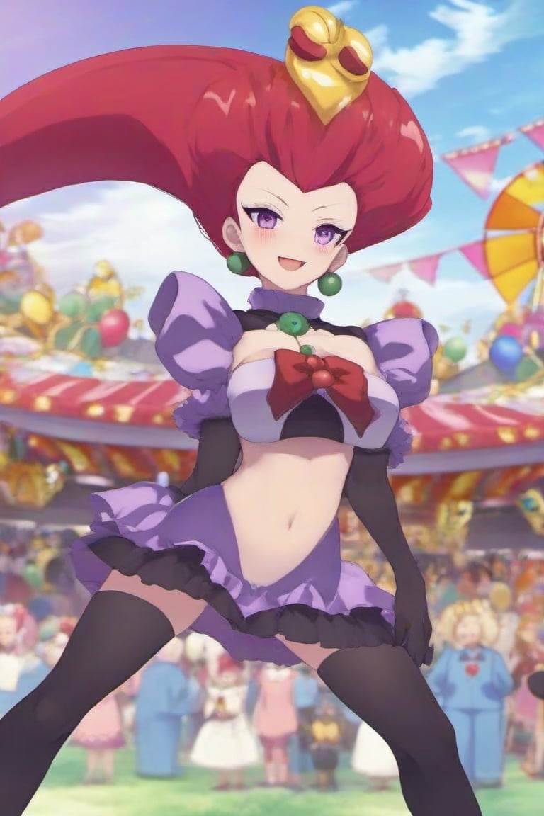 full body anime style image of pkjes character from pokemon wearing a clown costume in a carnival event