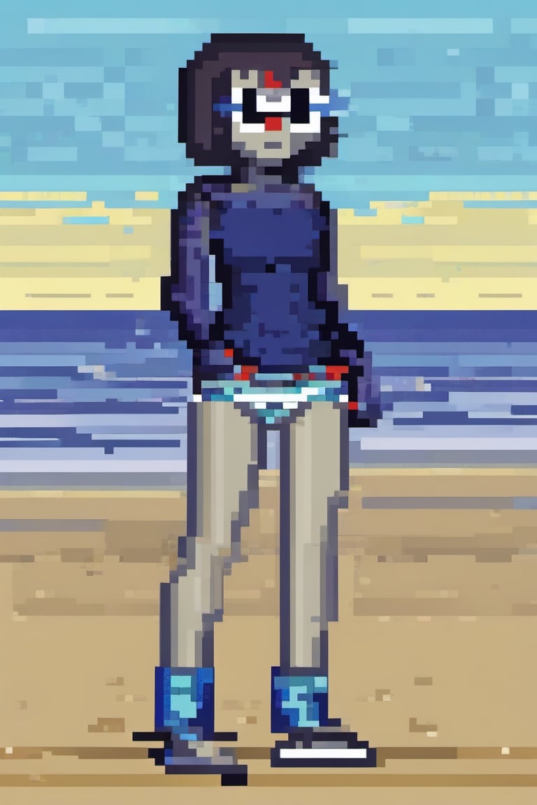 full body pixel style image of ttrvn character wearing casual clothing on a beach, pixel art style, casual clothes