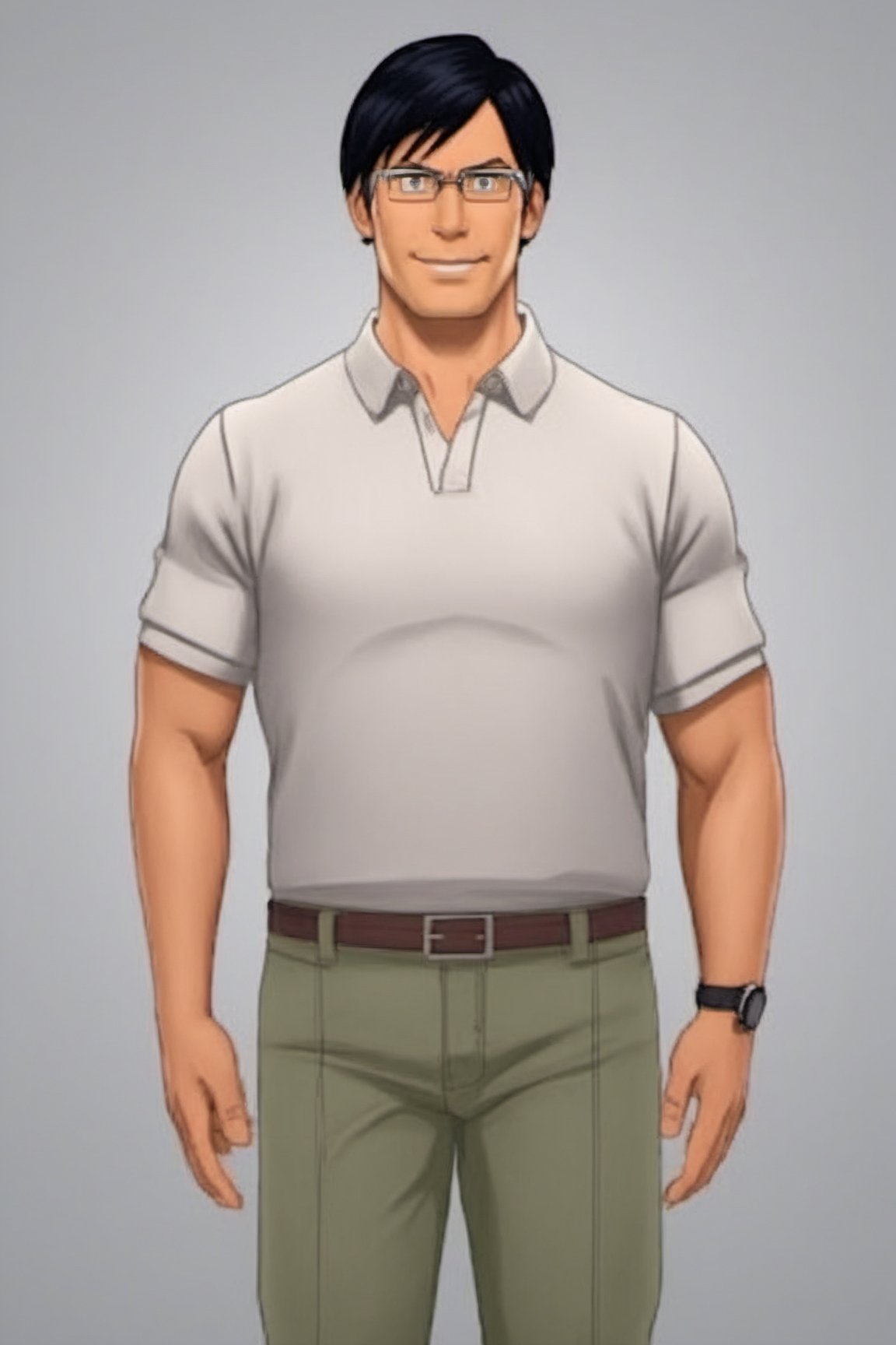 Realistic human like image of full body tenxiida character, serious male, black hair, wearing glasses, in casual clothing, background of gym