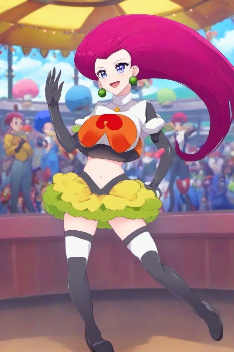 full body anime style image of pkjes character from pokemon wearing a clown costume in a carnival event