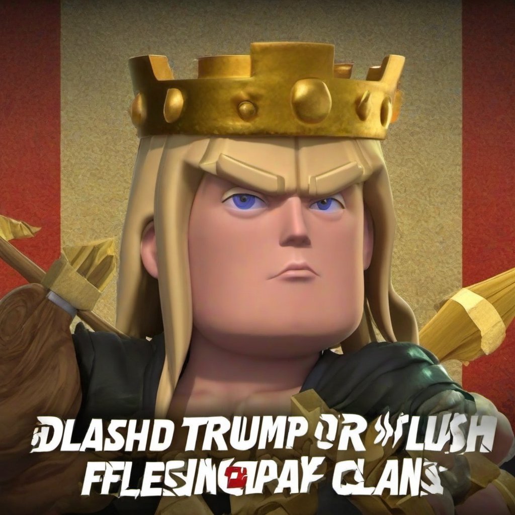 close up anime style picture of Donald Trump wearing qxcocxcr cosplay, Clash of Clans text