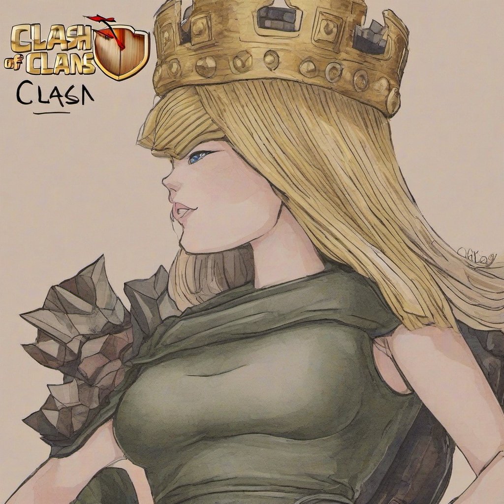 close up anime drawing of Donald Trump wearing qxcocxcr cosplay, Clash of Clans text