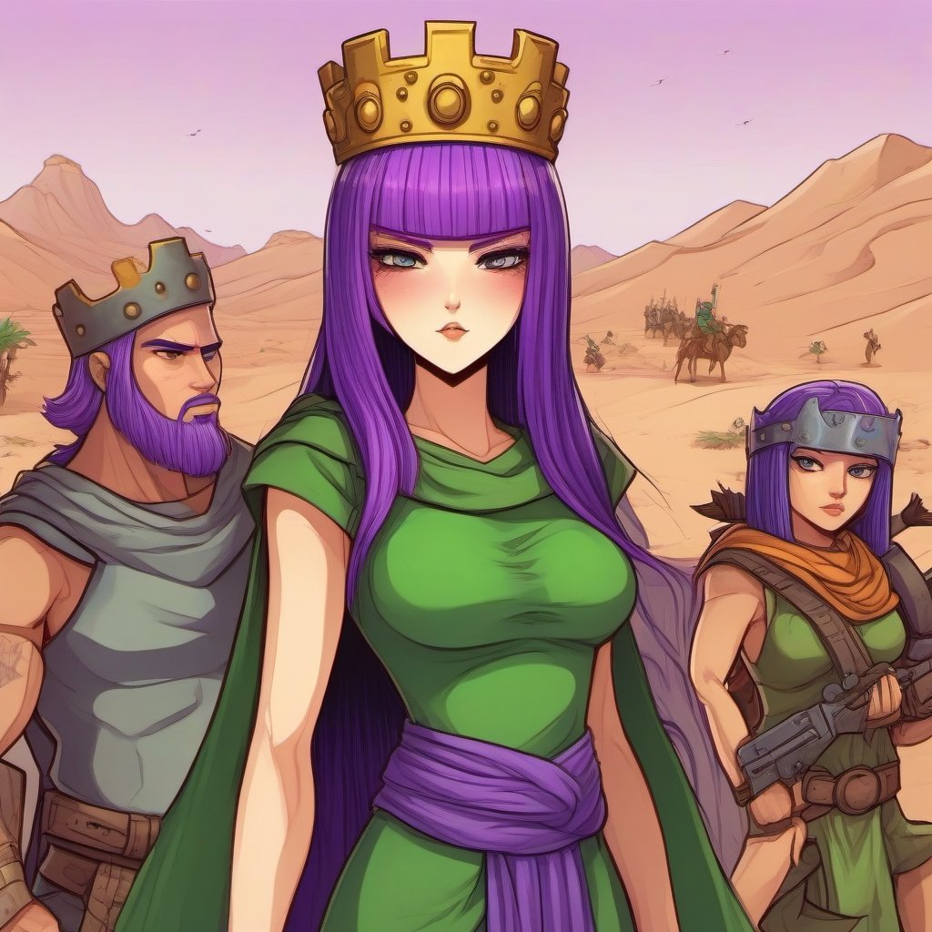 a cartoon woman with purple hair wearing a crown in a green dress, in a desert village, surrounded by bandits