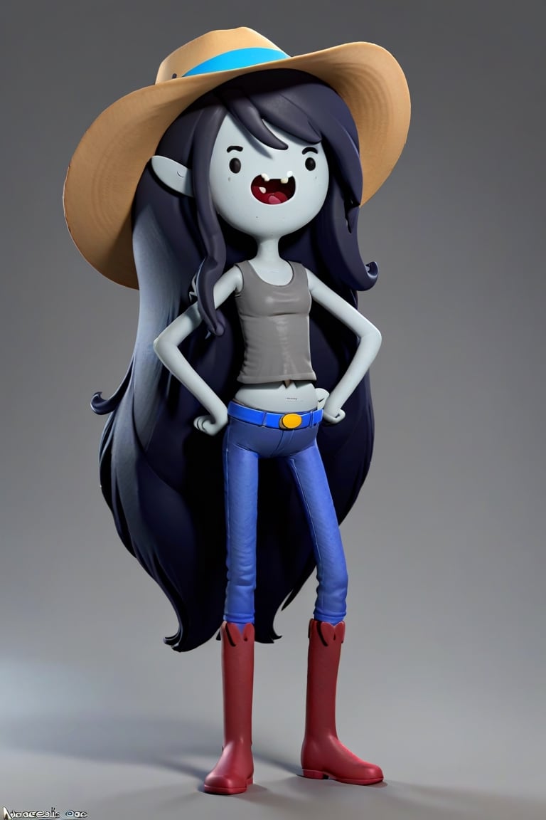 3d model style image of Marceline from Adventure Time cartoon show, open_mouth, no_nose, wearing a cowboy outfit, grey skin color