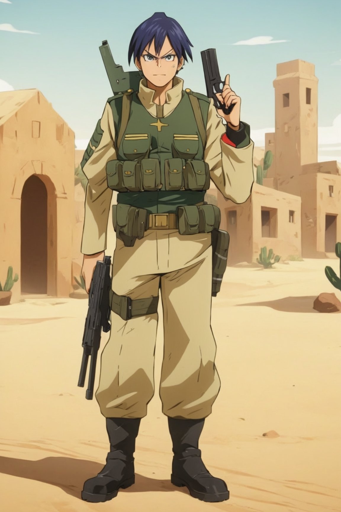 Full body view, tenxiida character, anime style image, wearing a military outfit, holding a gun, in a desert village