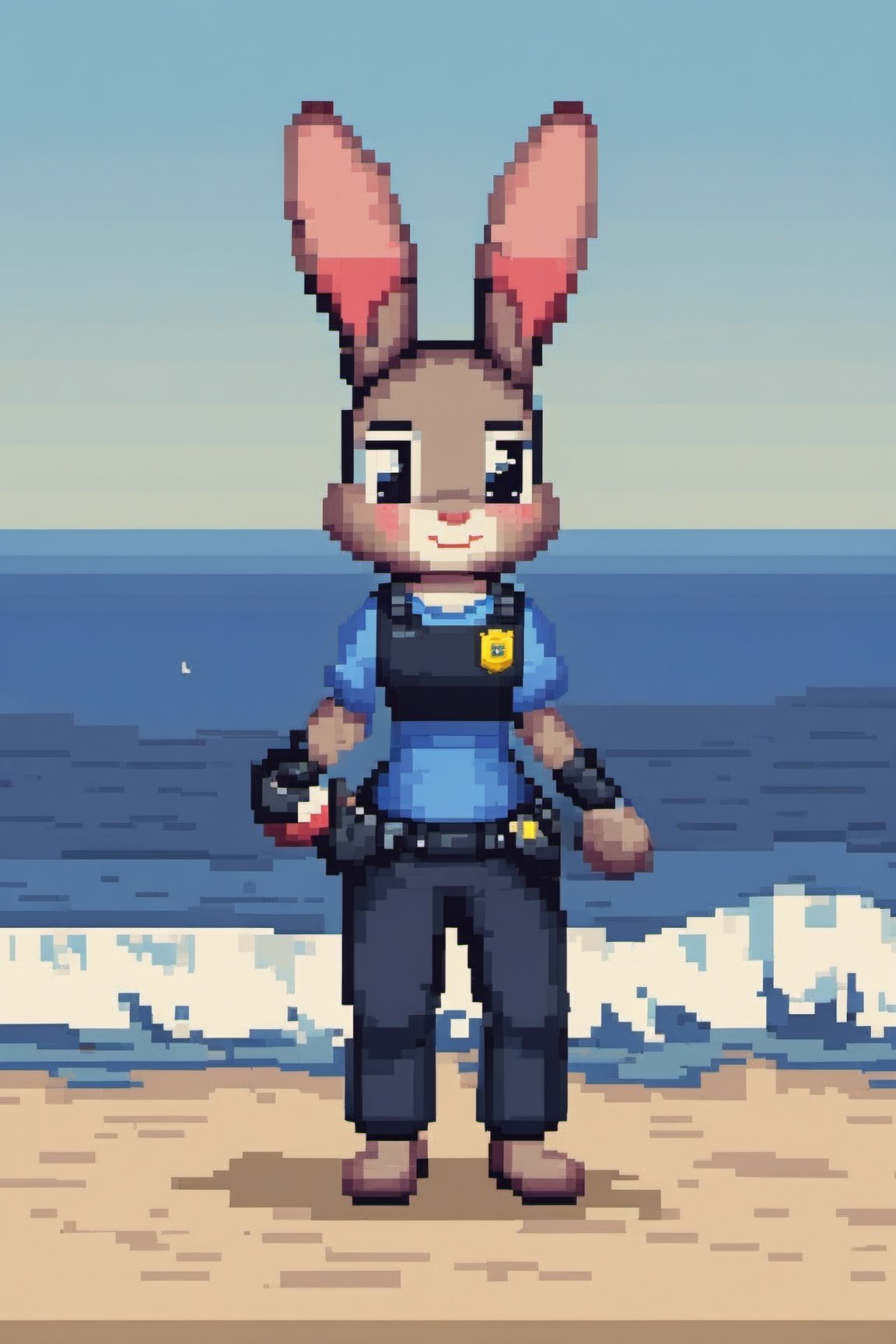 Full body pixel style image of jxdhxps character, police outfit, pixel style, background of a beach