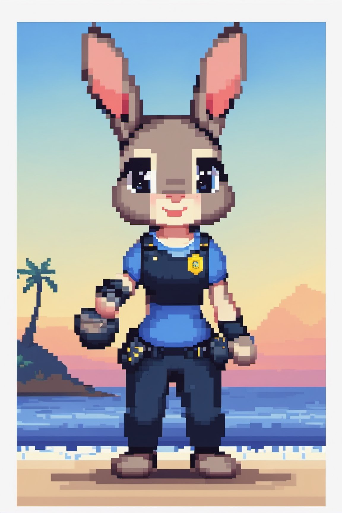 Full body pixel style image of jxdhxps character, police outfit, pixel style, background of a beach