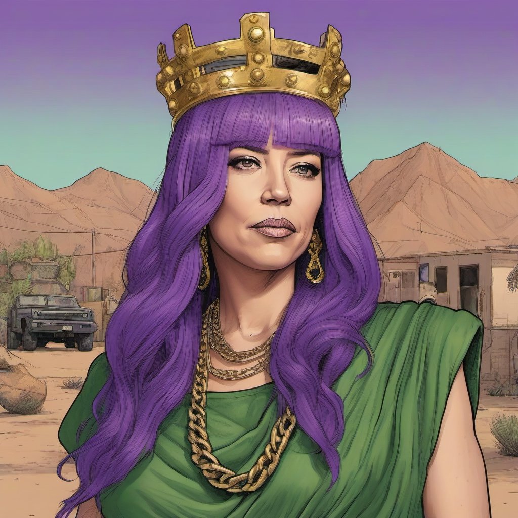 close up of sketch Joe Biden with purple hair wearing a crown in a green dress, in a desert village, hostage situation in heavy metal chains, chains