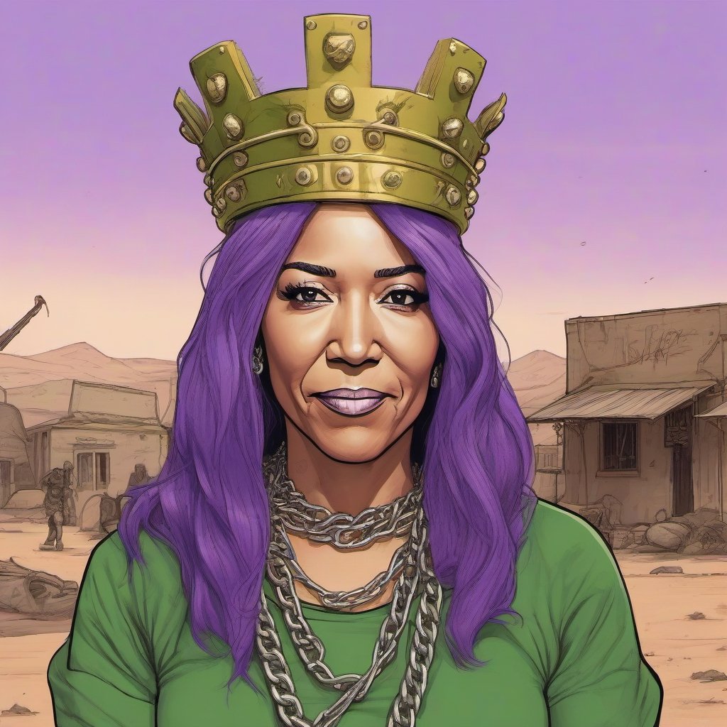 close up of sketch Joe Biden with purple hair wearing a crown in a green dress, in a desert village, hostage situation in heavy metal chains, chains