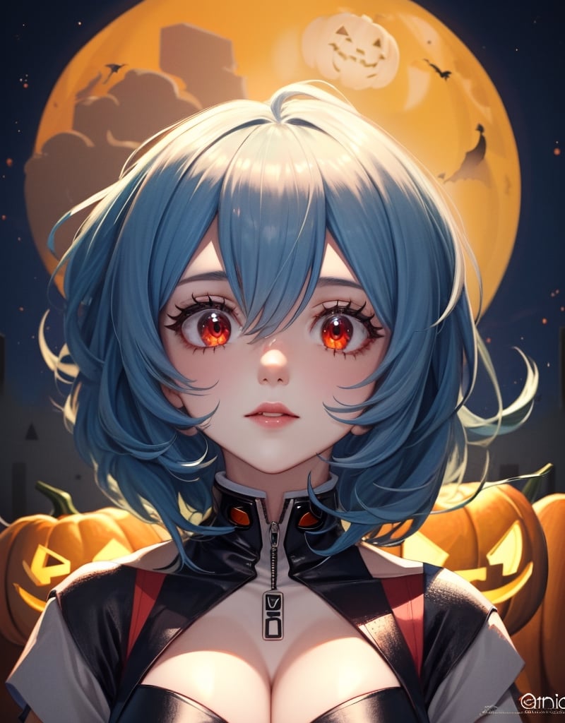 masterpiece, high quality, 1girl, halloween style, jack-o-lantern, complex_background, detail eyes and skin, lolita style, full_body, naughty_face, clean face, cleavage cutout, blue hair, red_eye, look away, side face, big moon, rei, evangelion, fire 