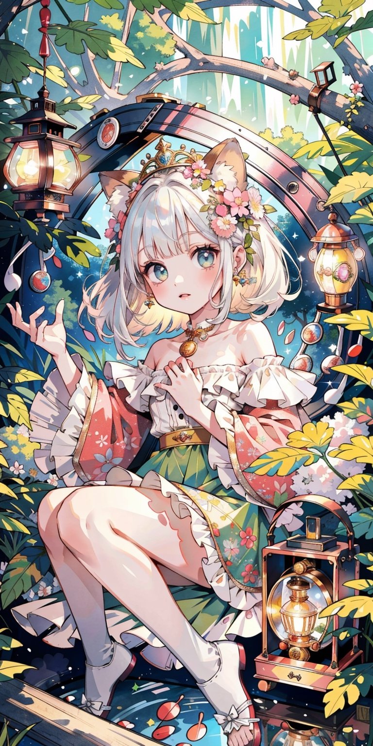 (masterpiece, best quality, highres:1.3), ultra resolution image, (1girl), (solo), kawaii, platinum hair, autumn foliage, sweet, fluffy squirrel, enchanted waterfall, lantern softly glowing, fantasy, dreamy, joyful energy, gentle, dreamy, cozy, charm of childhood, (nature music box:1.5), tiny flower crown, delight, innocent, liveliness, nature accessories, lakeside cottage, gentle breeze