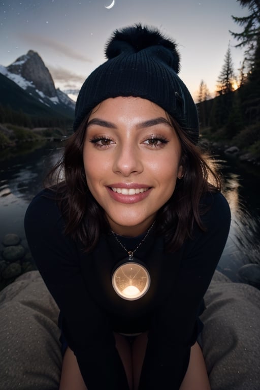 photorealistic, best quality, hyper detailed, beautiful woman, big smile, selfie photo, upper body, solo, wearing pullover, outdoors, (night), mountains, real life nature, stars, moon, (cheerful, happy), sleeping bag, gloves, sweater, beanie, flashlight, forest, rocks, river, wood, smoke, fog, clear sky, analog style, looking at viewer, skin texture, film grain, close up, ultra high res, best shadow, RAW, instagram LUT,drow,FFIXBG,day