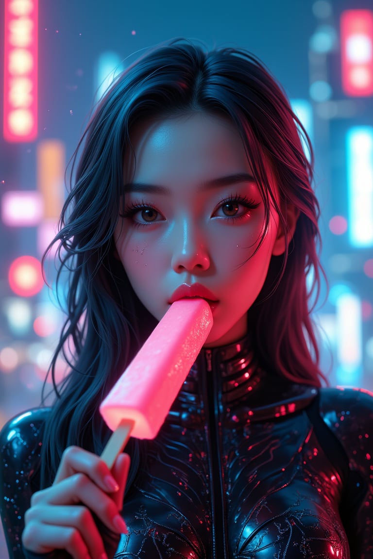 cyberpunk-style movie poster set in a futuristic, neon-lit world. The central focus of the poster is a close-up of a cyberpunk Asian female android, her face a striking blend of human-like features and sleek, metallic components, piercing gaze, looking at viewer. The android's synthetic skin has intricate, glowing circuitry patterns, and her long hair is styled in a modern, sleek cut with subtle highlights that complement the cyberpunk aesthetic, streamline bodysuit, black bodysuit, open mouth, plump lips. The background features a vibrant, neon-soaked cityscape with towering skyscrapers, holographic, and the glow of various neon signs. The atmosphere is filled with a soft mist, adding depth and a sense of immersion to the scene. Glowing digital particles and light trails surround the android, emphasizing the futuristic and dreamlike quality of the poster. The colors are a mix of intense neons— pinks and crimson reds —contrasted against darker shadows, creating a visually stunning and dynamic effect. The overall design should evoke a sense of futuristic mystery, technological evolution, and the convergence of human and machine. (((popsicle deep in mouth, holding popsicle in hand, her lips envelop the popsicle))), natural nails, (blue background), (face view, photo of face)