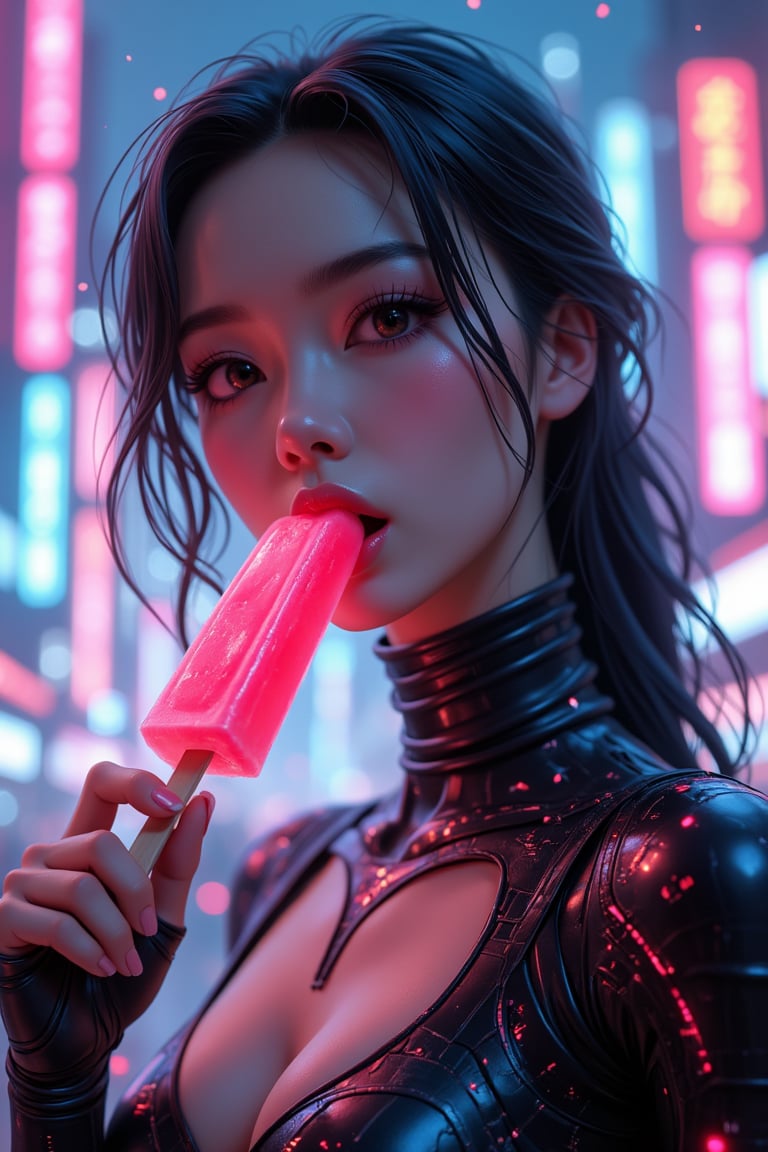 cyberpunk-style movie poster set in a futuristic, neon-lit world. The central focus of the poster is a close-up of a cyberpunk Asian female android, her face a striking blend of human-like features and sleek, metallic components, piercing gaze, looking at viewer. The android's synthetic skin has intricate, glowing circuitry patterns, and her long hair is styled in a modern, sleek cut with subtle highlights that complement the cyberpunk aesthetic, streamline bodysuit, black bodysuit, open mouth, plump lips. The background features a vibrant, neon-soaked cityscape with towering skyscrapers, holographic, and the glow of various neon signs. The atmosphere is filled with a soft mist, adding depth and a sense of immersion to the scene. Glowing digital particles and light trails surround the android, emphasizing the futuristic and dreamlike quality of the poster. The colors are a mix of intense neons— pinks and crimson reds —contrasted against darker shadows, creating a visually stunning and dynamic effect. The overall design should evoke a sense of futuristic mystery, technological evolution, and the convergence of human and machine. (((popsicle deep in mouth, holding popsicle in hand, her lips envelop the popsicle))), natural nails, (blue background), (face view, photo of face)