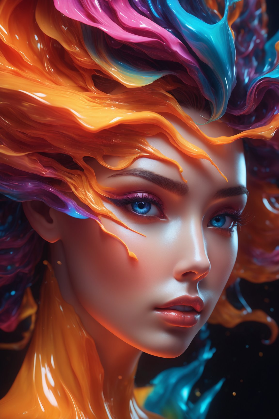 ultra detailed artistic abstract photography of liquid lust, detailed captivating eyes on molten statue, asymmetrical, gooey liquid hair, color exploding lips, highly refractive skin, Digital painting, colorful, volumetric lighting, 8k, by Cyril Rolando, by artgerm, Trending on Artstation, 16k resolution, 300 dpi, 600 dpi, 4k, Contest winner, High definition, detailed, realistic, 8k uhd, high quality,  subsurface scattering, translucent skin, glow, bloom, Bioluminescent liquid, vibrant,Leonardo Style