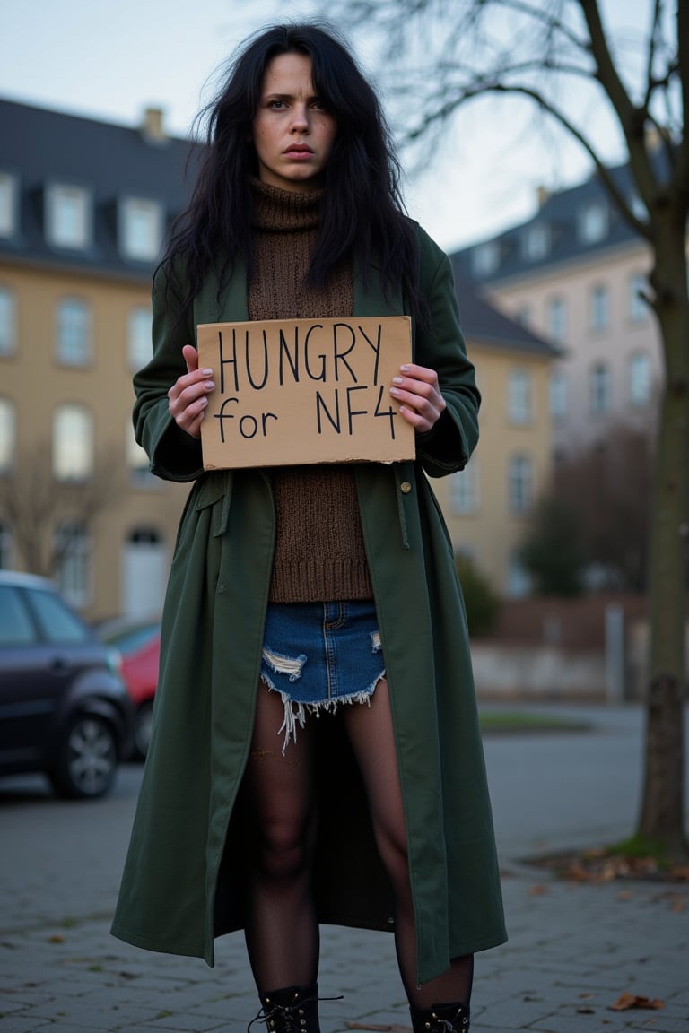 realistic, raw photo, full body,realistic, 21yo serbian homeless female, freckles, wrinkles, long black wavy hair, messy haircut, hair over face, dirty green coat, dirty brown sweater, torn blue skirt,  pantyhose, dirty boots, no makeup, outdoors, Berlin, standing on a ground and holding a sign with handwritten text: "HUNGRY FOR NF4", sad expression,  natural skin and face texure, detailed skin, skin imperfections, evening, dusk, sun, ray tracing, insane details, edge detection, cinematic lights, cinematic shadows, 