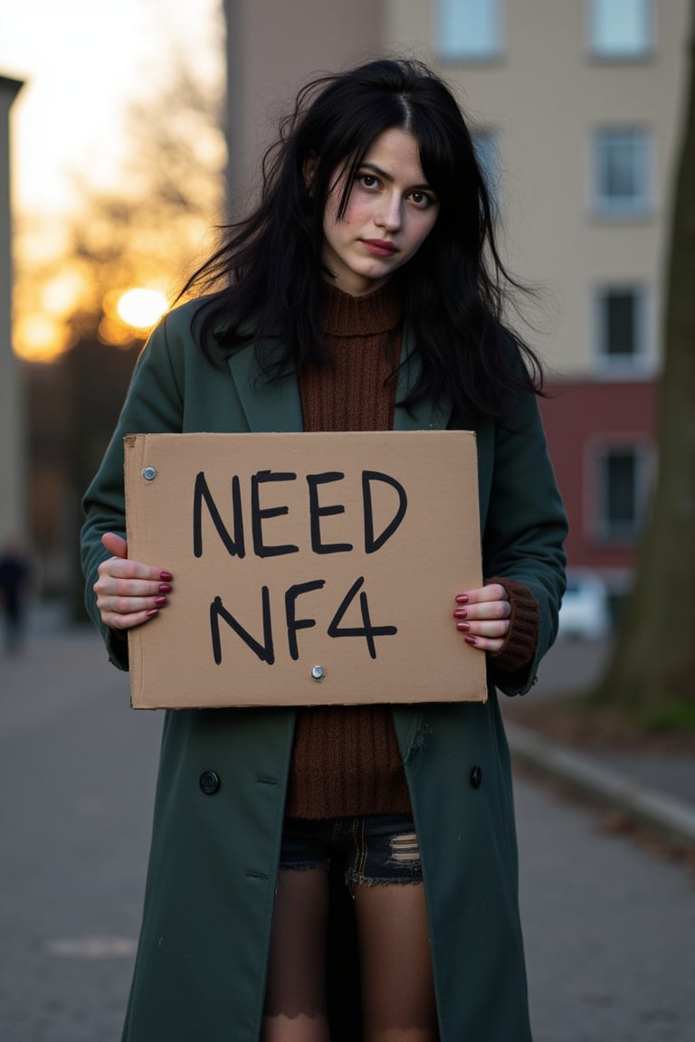 realistic, raw photo, full body,realistic, 21yo serbian homeless female, freckles, wrinkles, long black wavy hair, messy haircut, hair over face, dirty green coat, dirty brown sweater, torn pantyhose, dirty boots, no makeup, outdoors, Berlin, standing on a ground and holding a sign with handwritten text: "NEED NF4", sad expression,  natural skin and face texure, detailed skin, skin imperfections, evening, dusk, sun, ray tracing, insane details, edge detection, cinematic lights, cinematic shadows, 