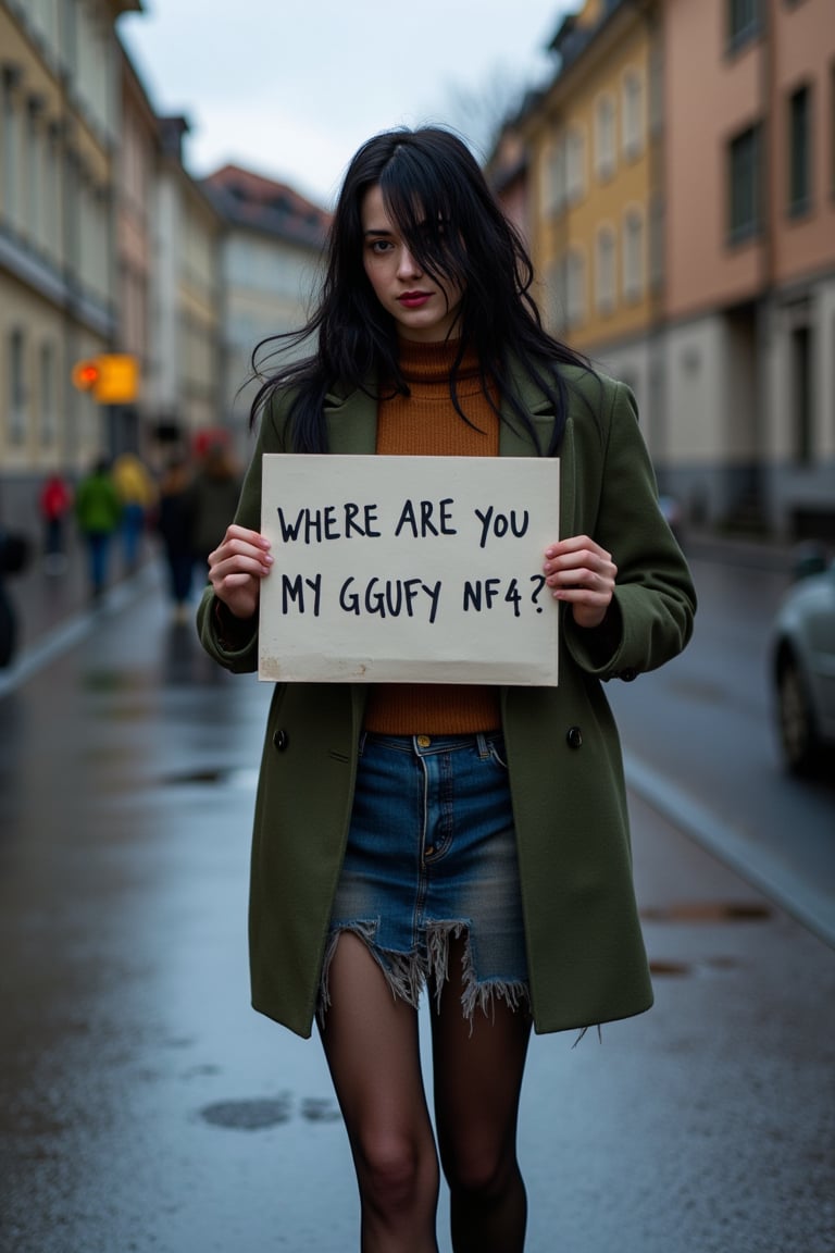 realistic, raw photo, full body,realistic, 21yo serbian female, long black wavy hair, messy haircut, hair over face, dirty green coat, dirty brown sweater, torn blue skirt,  pantyhose, dirty boots, no makeup, outdoors, street, Berlin, autumn, rain, walking towards viewer and holding a sign with handwritten text: "WHERE ARE YOU, MY GGUFY NF4?  ", sad expression,  natural skin and face texure, detailed skin, skin imperfections, evening, dusk, sun, ray tracing, insane details, edge detection, cinematic lights, cinematic shadows,