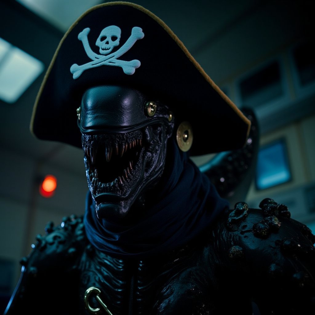 (raw photo, digital photo), selfie shot of alien xenomorph in ( pirate hat, pirate attire:1.2), indoors, space station, mainframes, dark photo, horor, tension, dim led lights, insane details