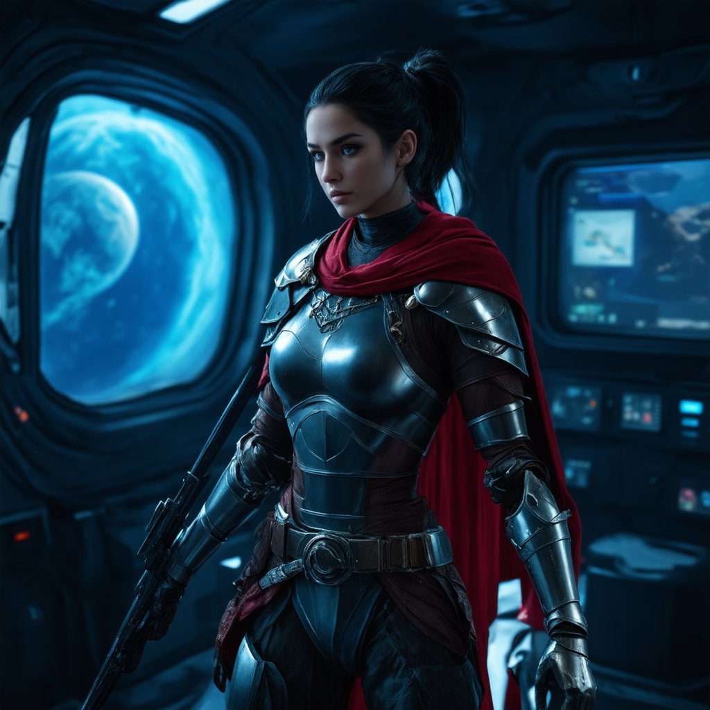 A fearless roman female warrior, romanarmy, synthetic tunic, futuristic kevlar armor, cape, italian female with olive skin and acquilline nose, 20yo, black hair, ponytail, indoors, spaceship, windows, cyberspace outside, stars, planets, style, screens, control panels, metal, intricate details, insane details, led light, flourescent light, cinematic shadows, cinematic lights, many screens around,  (insane details:1.4),  