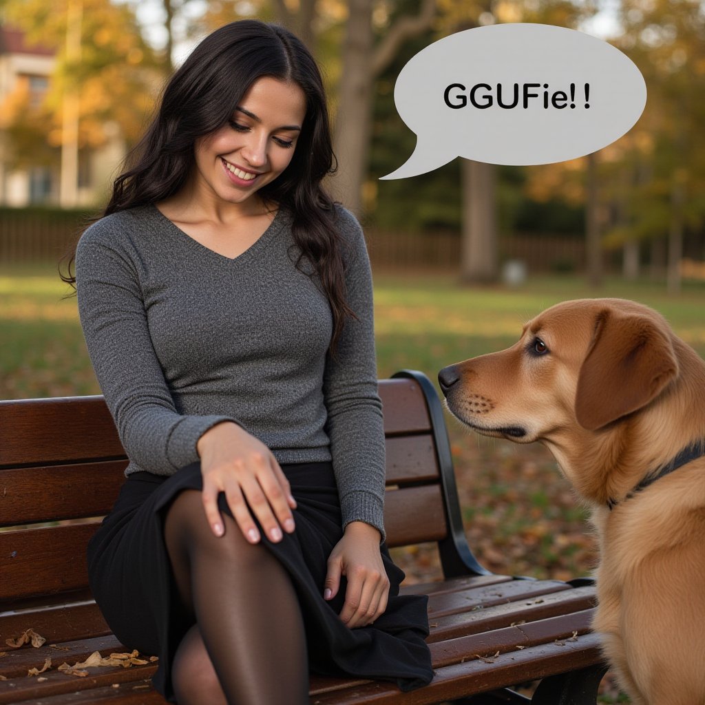  realistic, raw photo, full body,realistic, 21yo serbian female, freckles, long v-cut black wavy hair, grey wool sweater, skirt, pantyhose, flat shoes, outdoors, park, autumn, sitting on bench, gazing at a dog nearby her, detailed skin, cheerful, smile, speaking bubble above woman with text: "GGUFie!" , overall details, natural skin and face texure, detailed skin, skin imperfections, evening, dusk, sun, ray tracing, (insane details:1.4), edge detection, cinematic lights, cinematic shadows