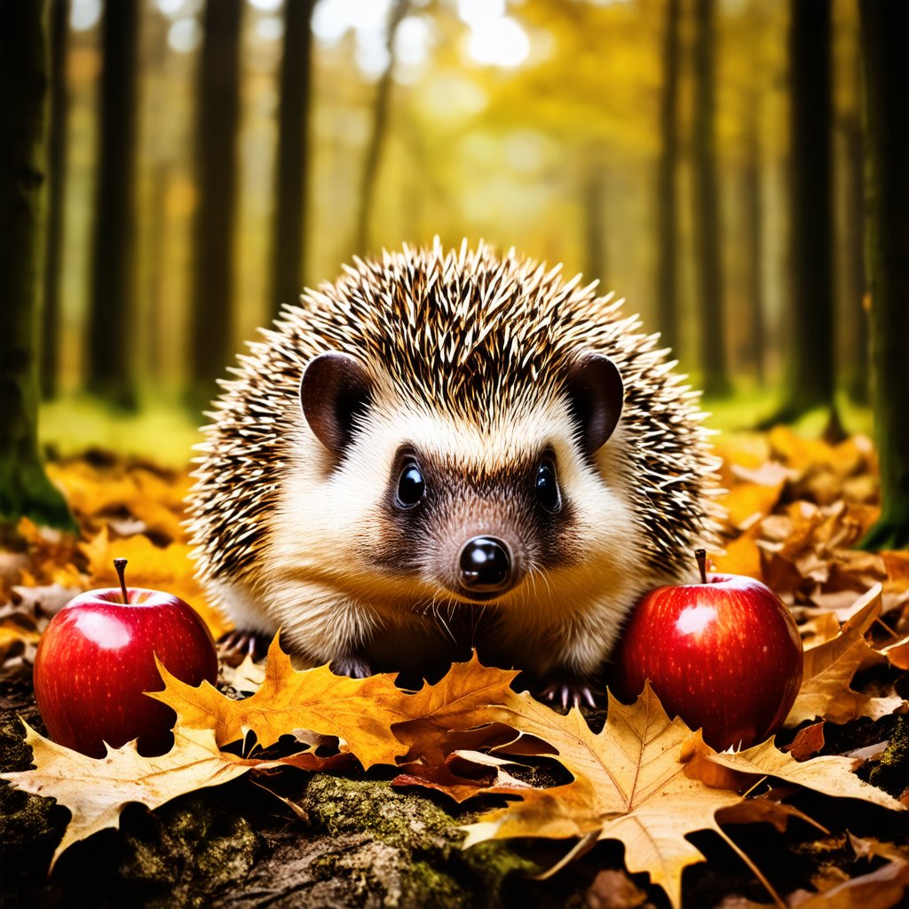 digital photo, raw photo of a hedgehog, fallen leaves, forest, apples, intricate details, insane details, cinematic shadows, cinematic lights