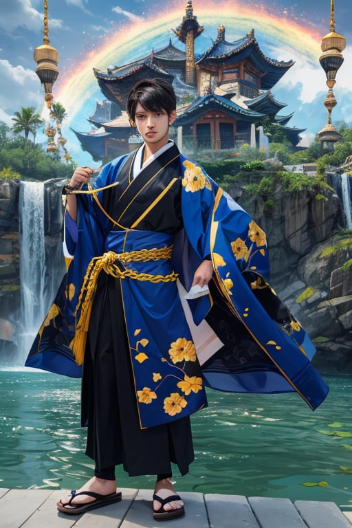 (Masterpiece), (Overcoming: 1.3), (Realistic), Boy Portrait, World's Most Flamboyant, Gray Eyes, Gray Hair, Outdoor, Strong Sunlight, Waterfall Front, Expert Photography, Cool Man's Details, Long Legs, Kimono, Hanbok, Uniform Outwear, Sharp Focus, Dramatic, Water, Movie Lighting, Volume dtx, Yellow Chain (Film Grain, Cloudy Background, Deep, Sunset)