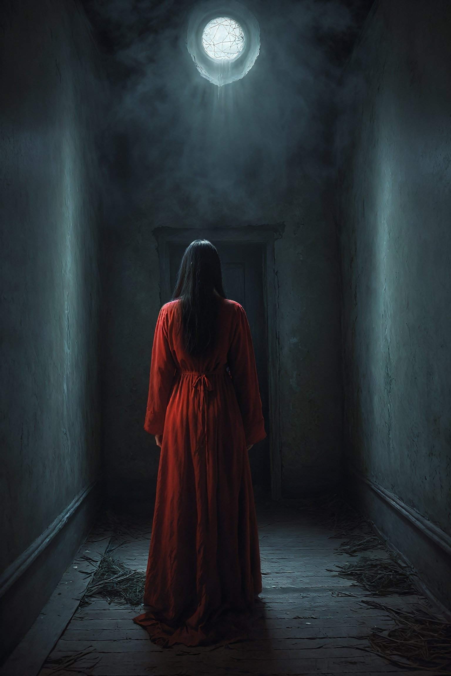  indoors, 1girl, red cloths, Digital Illustration, Horror Art Style, Portraying the eerie and chilling atmosphere of a haunted house, Mysterious and bone-chilling ambiance, High Resolution, (haunted house:1.2), (horror art style:1.15), (eerie atmosphere:1.18), (chilling ambiance:1.12), (spooky:1.16), (supernatural presence:1.2), (mysterious composition:1.18), (high resolution:1.15), (captivating details:1.12), (haunting vibes:1.16), (sinister elements:1.18),ao_yem