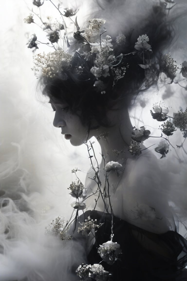 Beautiful female, made with black on white smoky layers, floating embers, surrealism,faize, flowers,